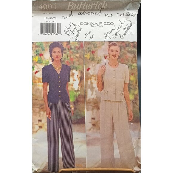 Vintage Butterick 4004 Donna Ricco Sewing Pattern Misses Top & Pants Set Size 18 - Picture 1 of 2